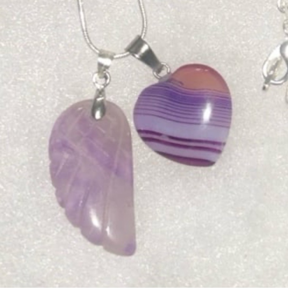 Boho hippie Amethyst Angel Wing and Purple Agate Heart Silver Necklace 16”